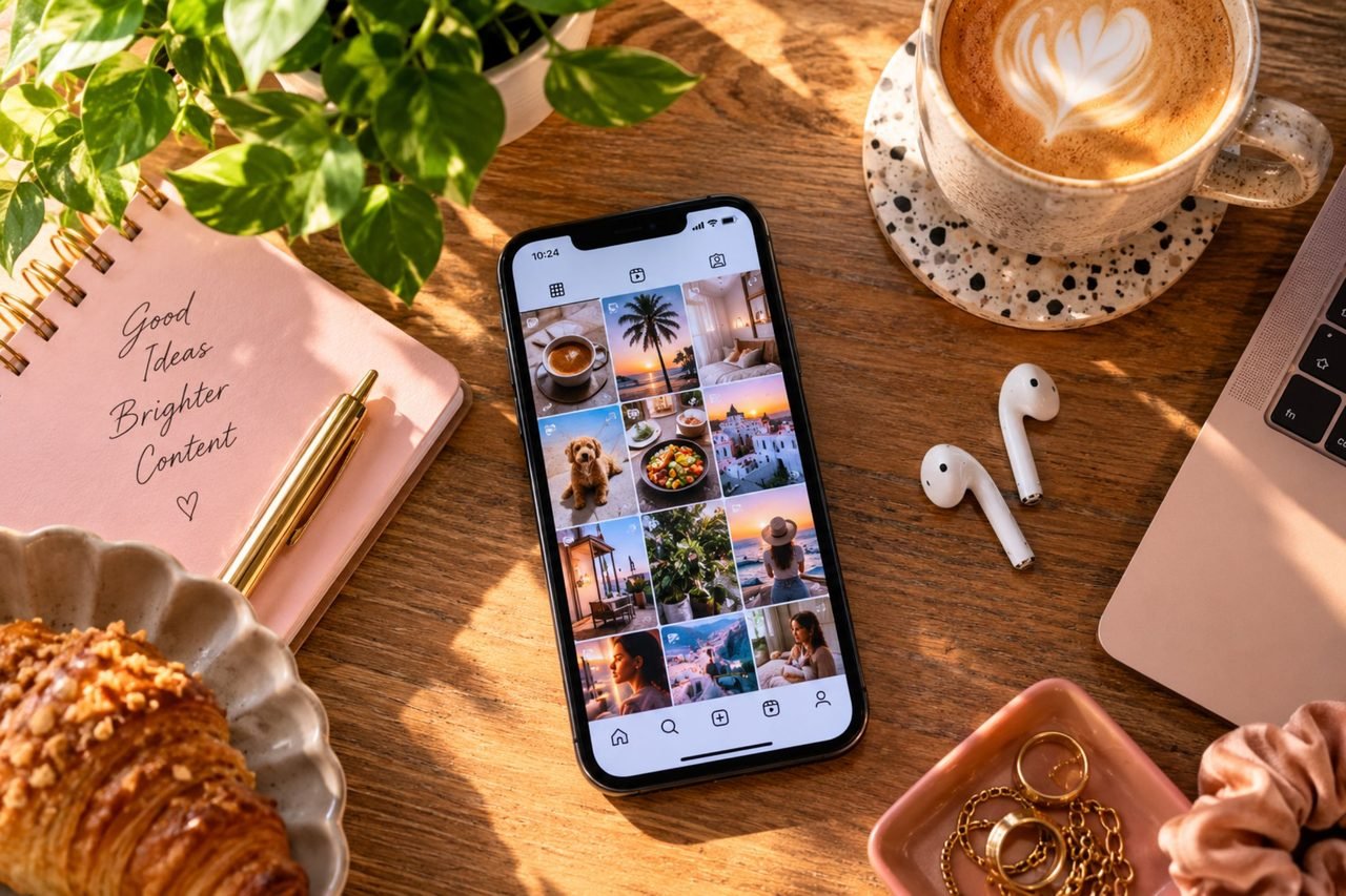 Telefoon, koffie en notitieboek op tafel voor het maken van Instagram content