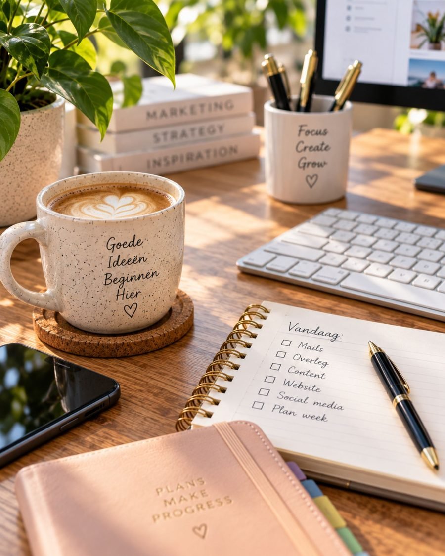 Bureau met koffie en agenda op het kantoor van Onlylikes