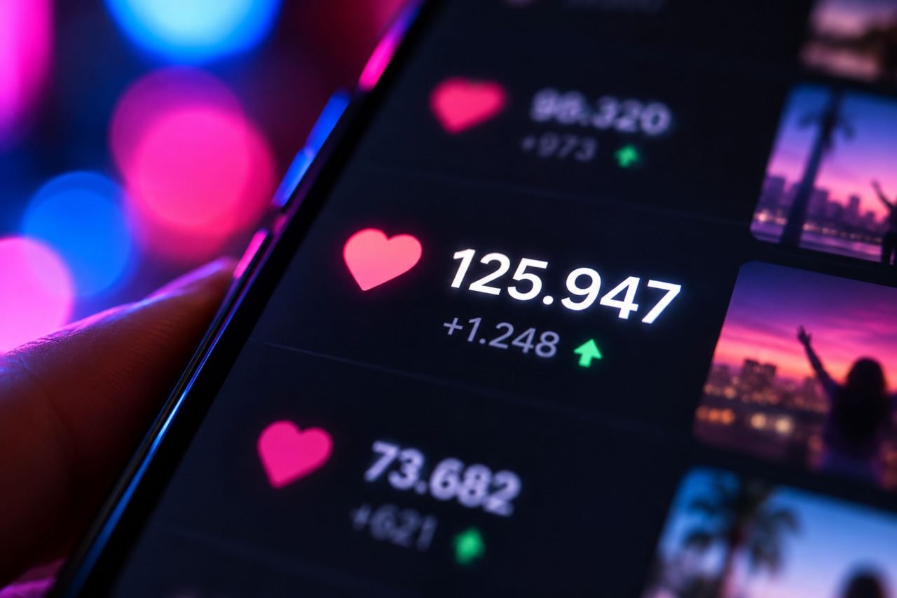 Oplopende teller met TikTok likes op een telefoonscherm