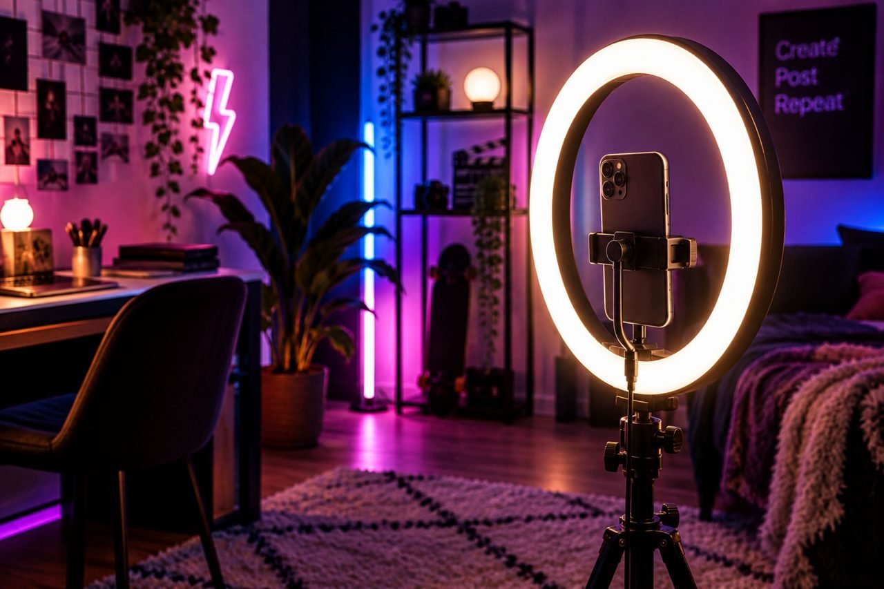 Ringlamp met telefoonhouder voor het opnemen van TikTok video's