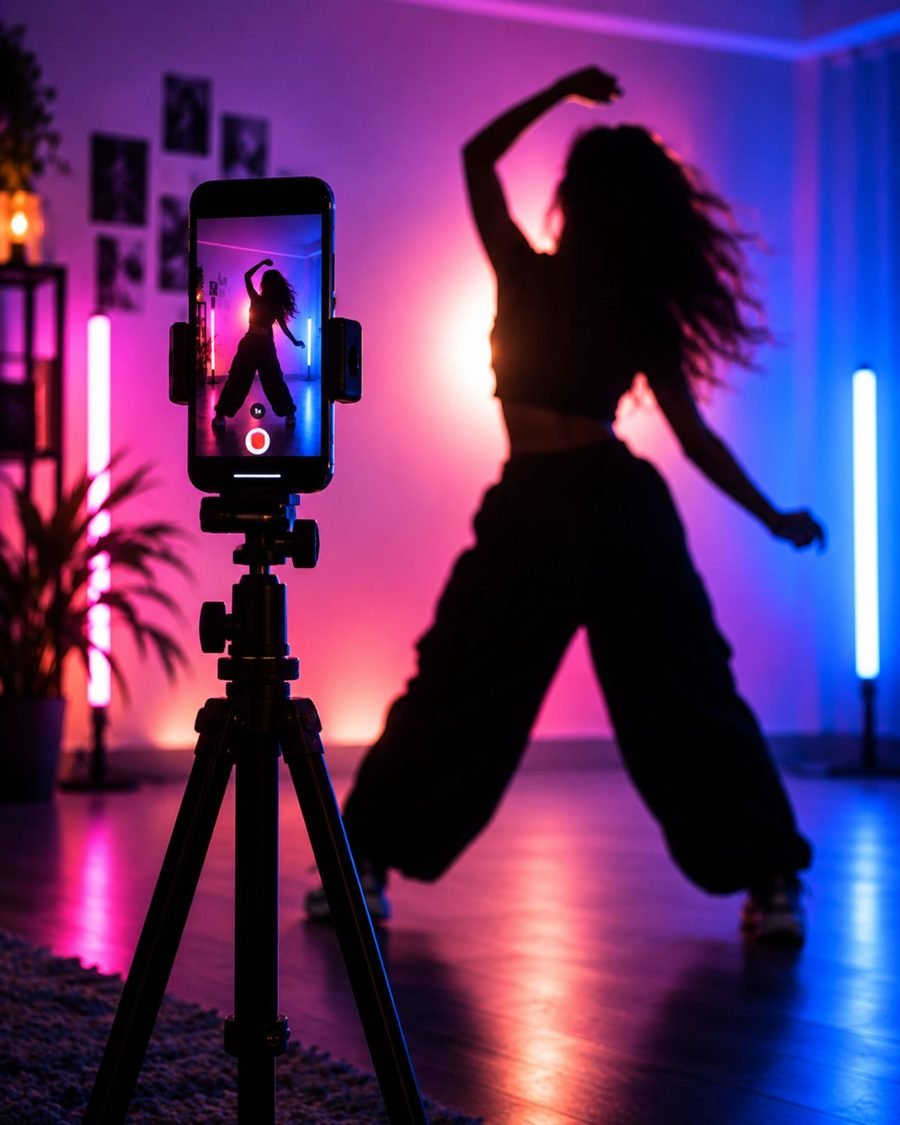 Silhouet van iemand die een TikTok video opneemt in tegenlicht