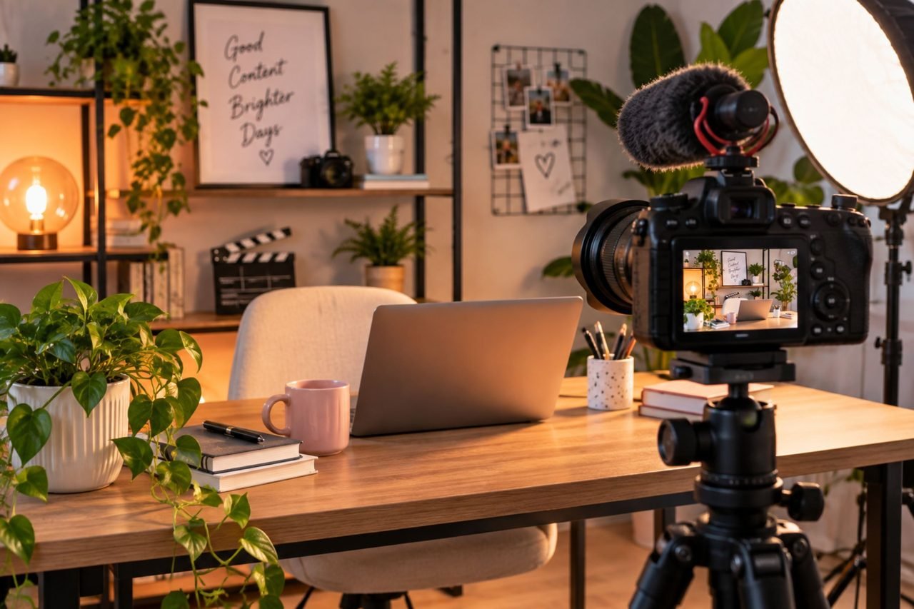 Camera op statief voor het opnemen van een YouTube video