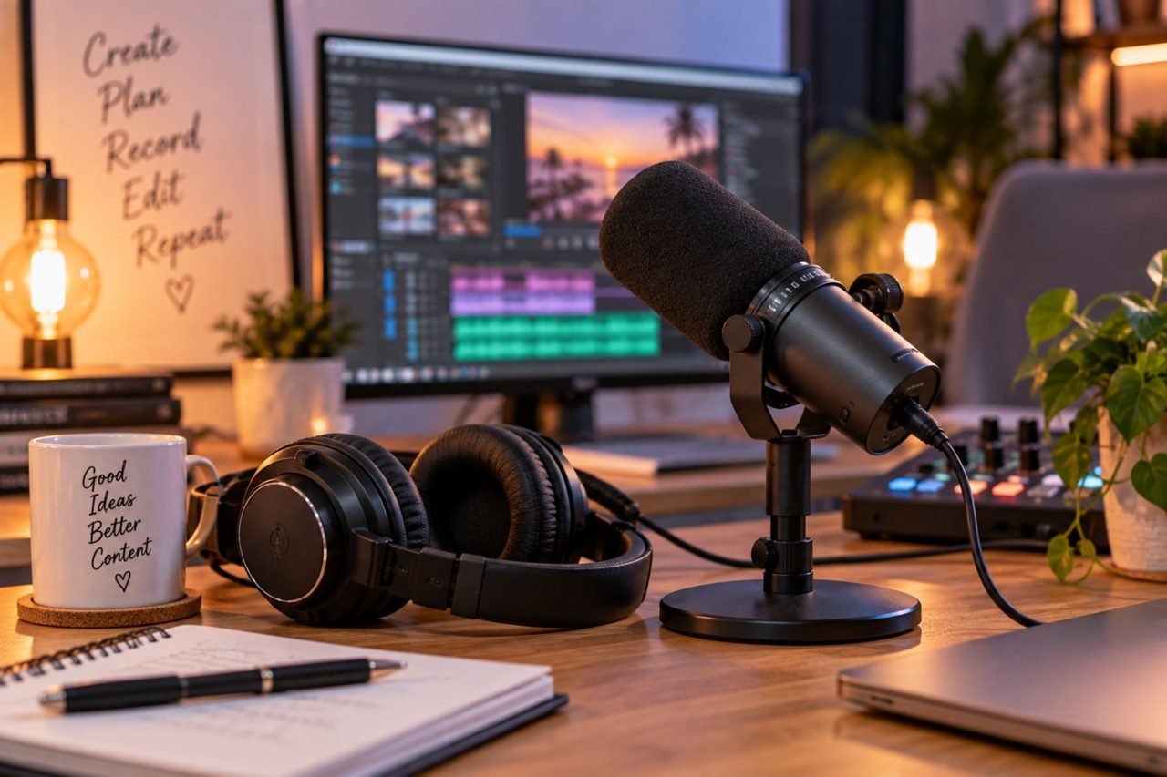 Microfoon en koptelefoon op een bureau voor YouTube opnames