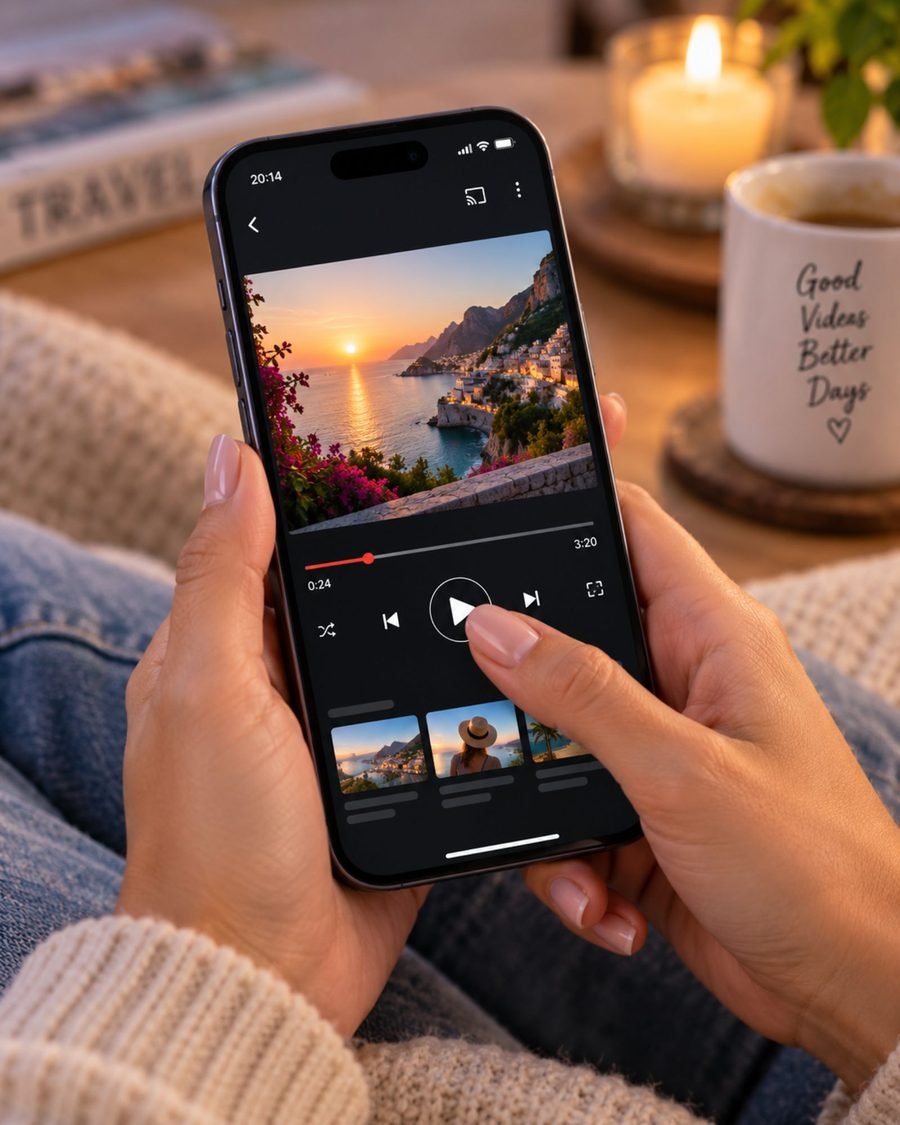 Videospeler op een telefoon met de duim bij de afspeelknop